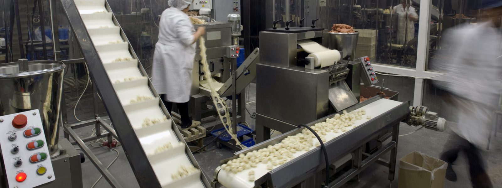 Production line in the food factory. Automated production line in modern food factory. Ravioli production. People working.